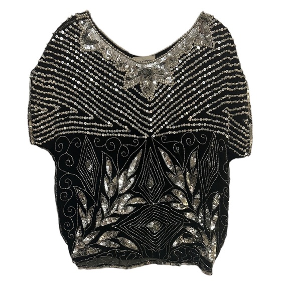 SPARKLERS Vintage Sequin Beaded Pure Silk Top Black Size L - Picture 4 of 10